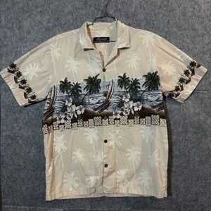 Favant Hawaiian Shirt Mens XL Tropical Print Cotton Beige Floral Aloha Button Up